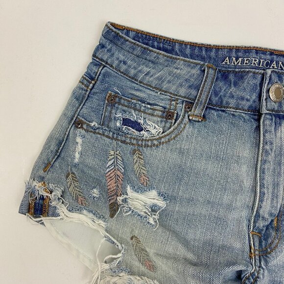 American Eagle Hi Rise Distressed Jean Shorts Hi Rise Festival Embroidered - Picture 2 of 8